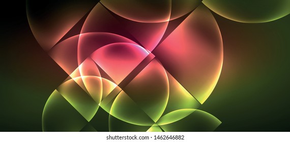Techno glowing glass geometric shapes vector background, futuristic dark template with neon light effects and simple forms. Vintage poster for decoration design