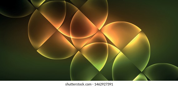Techno glowing glass geometric shapes vector background, futuristic dark template with neon light effects and simple forms. Vintage poster for decoration design