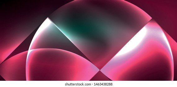 Techno glowing glass geometric shapes vector background, futuristic dark template with neon light effects and simple forms. Vintage poster for decoration design
