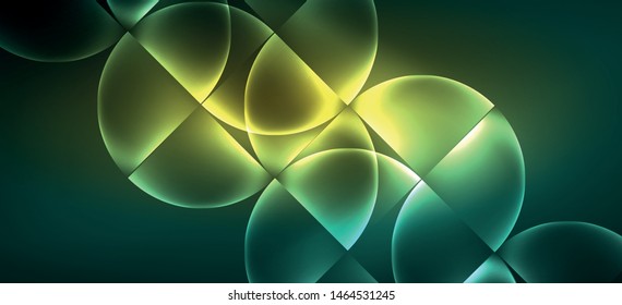 Techno glowing glass geometric shapes vector background, futuristic dark template with neon light effects and simple forms. Vintage poster for decoration design
