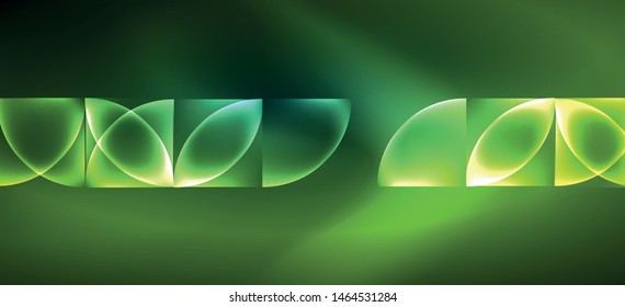 Techno glowing glass geometric shapes vector background, futuristic dark template with neon light effects and simple forms. Vintage poster for decoration design