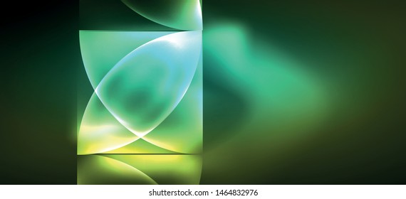 Techno glowing glass geometric shapes vector background, futuristic dark template with neon light effects and simple forms. Vintage poster for decoration design