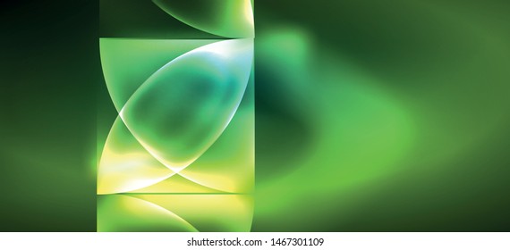 Techno glowing glass geometric shapes vector background, futuristic dark template with neon light effects and simple forms. Vintage poster for decoration design