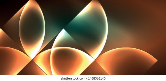 Techno glowing glass geometric shapes vector background, futuristic dark template with neon light effects and simple forms. Vintage poster for decoration design