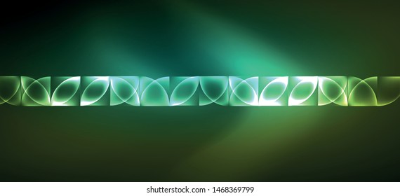 Techno glowing glass geometric shapes vector background, futuristic dark template with neon light effects and simple forms. Vintage poster for decoration design