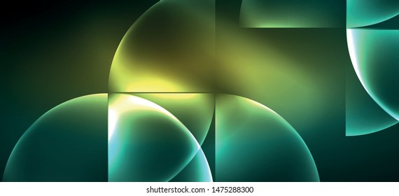 Techno glowing glass geometric shapes vector background, futuristic dark template with neon light effects and simple forms. Vintage poster for decoration design