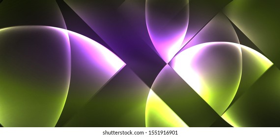 Techno glowing glass geometric shapes vector background, futuristic dark template with neon light effects and simple forms. Vintage poster for decoration design