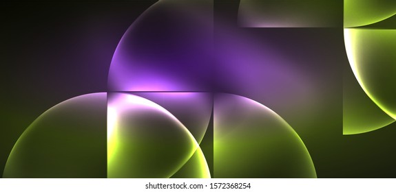 Techno glowing glass geometric shapes vector background, futuristic dark template with neon light effects and simple forms. Vintage poster for decoration design