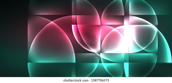 Techno glowing glass geometric shapes vector background, futuristic dark template with neon light effects and simple forms. Vintage poster for decoration design