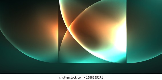 Techno glowing glass geometric shapes vector background, futuristic dark template with neon light effects and simple forms. Vintage poster for decoration design