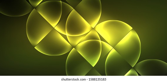 Techno glowing glass geometric shapes vector background, futuristic dark template with neon light effects and simple forms. Vintage poster for decoration design