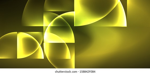 Techno glowing glass geometric shapes vector background, futuristic dark template with neon light effects and simple forms. Vintage poster for decoration design