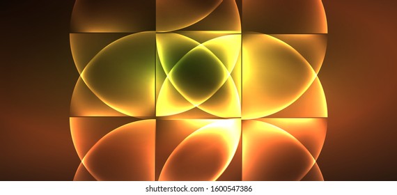 Techno glowing glass geometric shapes vector background, futuristic dark template with neon light effects and simple forms. Vintage poster for decoration design