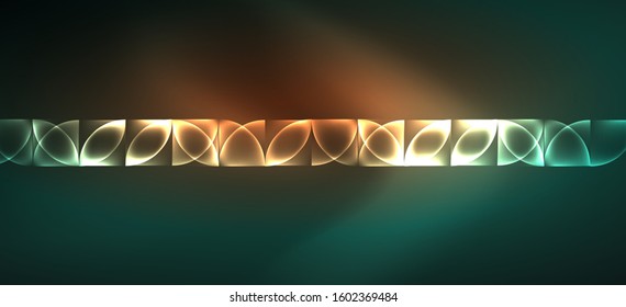 Techno glowing glass geometric shapes vector background, futuristic dark template with neon light effects and simple forms. Vintage poster for decoration design