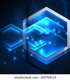 Techno glowing glass hexagons vector background, futuristic dark template with neon light effects and simple forms