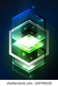 Techno glowing glass hexagons vector background, futuristic dark template with neon light effects and simple forms
