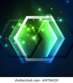 Techno glowing glass hexagons vector background, futuristic dark template with neon light effects and simple forms