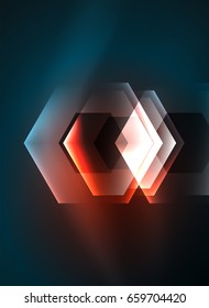 Techno glowing glass hexagons vector background, futuristic dark template with neon light effects and simple forms