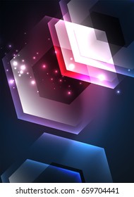 Techno glowing glass hexagons vector background, futuristic dark template with neon light effects and simple forms