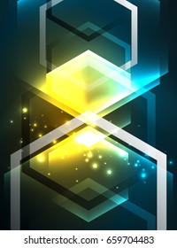 Techno glowing glass hexagons vector background, futuristic dark template with neon light effects and simple forms