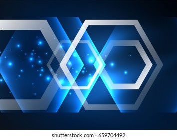 Techno glowing glass hexagons vector background, futuristic dark template with neon light effects and simple forms
