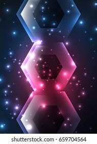 Fondo vectorial de hexágonos de vidrio brillante Techno, plantilla oscura futurista con efectos de neón y formas simples