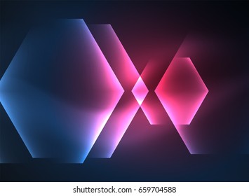 Techno glowing glass hexagons vector background, futuristic dark template with neon light effects and simple forms