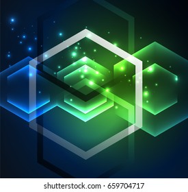 Fondo vectorial de hexágonos de vidrio brillante Techno, plantilla oscura futurista con efectos de neón y formas simples