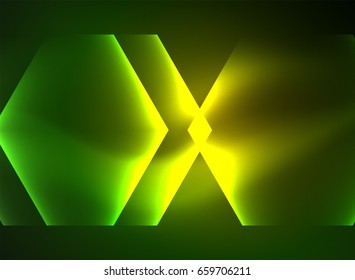 Techno glowing glass hexagons vector background, futuristic dark template with neon light effects and simple forms