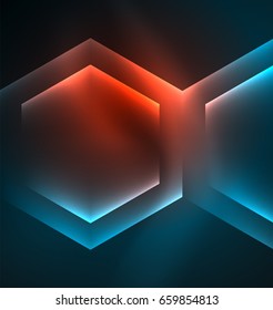 Fondo vectorial de hexágonos de vidrio brillante Techno, plantilla oscura futurista con efectos de neón y formas simples