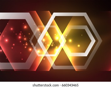 Techno glowing glass hexagons vector background, futuristic dark template with neon light effects and simple forms