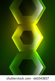 Techno glowing glass hexagons vector background, futuristic dark template with neon light effects and simple forms