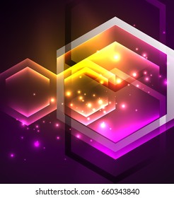 Techno-Gläserhexagons, Vektorhintergrund, futuristische dunkle Vorlage mit Neonlicht-Effekten und einfachen Formularen