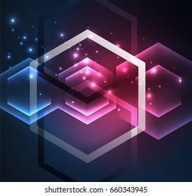 Techno glowing glass hexagons vector background, futuristic dark template with neon light effects and simple forms