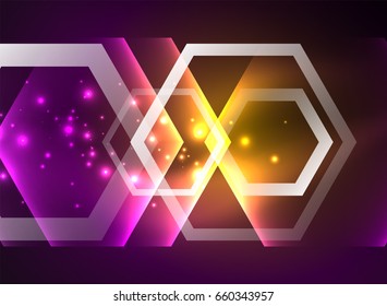 Fondo vectorial de hexágonos de vidrio brillante Techno, plantilla oscura futurista con efectos de neón y formas simples