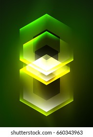 Techno glowing glass hexagons vector background, futuristic dark template with neon light effects and simple forms
