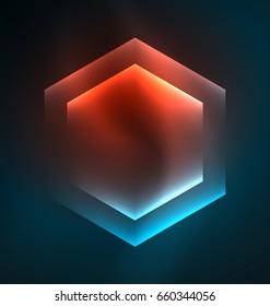 Fondo vectorial de hexágonos de vidrio brillante Techno, plantilla oscura futurista con efectos de neón y formas simples