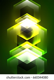 Techno glowing glass hexagons vector background, futuristic dark template with neon light effects and simple forms