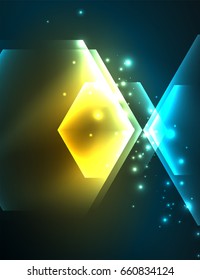 Fondo vectorial de hexágonos de vidrio brillante Techno, plantilla oscura futurista con efectos de neón y formas simples