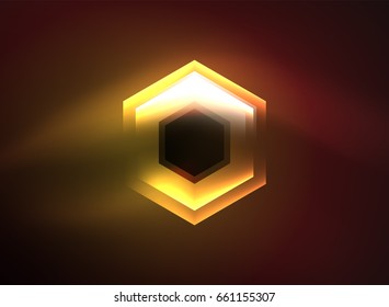 Techno-Gläserhexagons, Vektorhintergrund, futuristische dunkle Vorlage mit Neonlicht-Effekten und einfachen Formularen