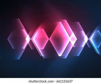 Techno glowing glass hexagons vector background, futuristic dark template with neon light effects and simple forms