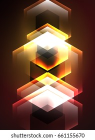 Fondo vectorial de hexágonos de vidrio brillante Techno, plantilla oscura futurista con efectos de neón y formas simples