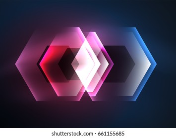 Techno glowing glass hexagons vector background, futuristic dark template with neon light effects and simple forms
