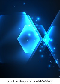 Techno-Gläserhexagons, Vektorhintergrund, futuristische dunkle Vorlage mit Neonlicht-Effekten und einfachen Formularen