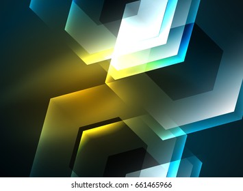 Fondo vectorial de hexágonos de vidrio brillante Techno, plantilla oscura futurista con efectos de neón y formas simples