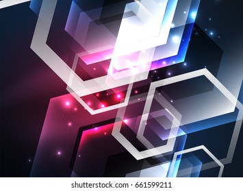Techno brilhante hexágonos de vidro vetor fundo, futurista modelo escuro com efeitos de luz neon e formas simples