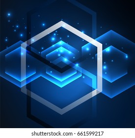 Techno glowing glass hexagons vector background, futuristic dark template with neon light effects and simple forms