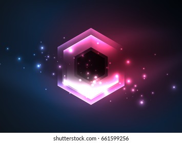 Fondo vectorial de hexágonos de vidrio brillante Techno, plantilla oscura futurista con efectos de neón y formas simples