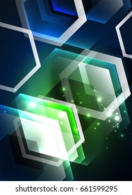 Techno glowing glass hexagons vector background, futuristic dark template with neon light effects and simple forms