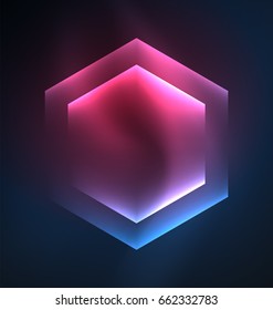 Techno glowing glass hexagons vector background, futuristic dark template with neon light effects and simple forms